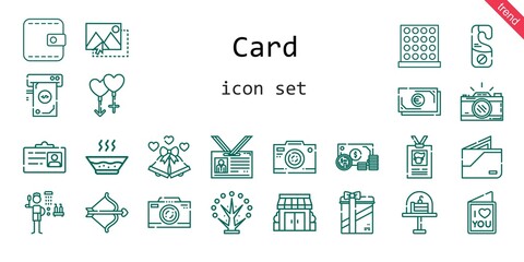 card icon set. line icon style. card related icons such as shower, image, couple, soup, wallet, stores, tree, wedding bells, photo camera, cupid, id card, money, cake, tic tac toe, door hanger