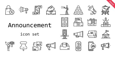 announcement icon set. line icon style. announcement related icons such as megaphone, shower, easel, post it, pool, advertising, billboard, promotions, communications, speaker, dialogue