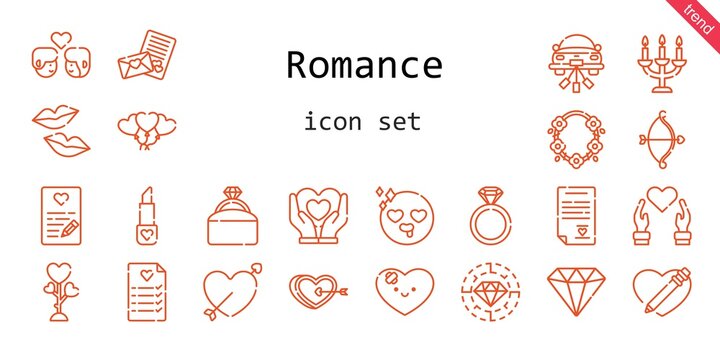 romance icon set. line icon style. romance related icons such as love, couple, engagement ring, balloons, necklace, lipstick, kiss, heart, cupid, wedding car, wedding planning, diamond, in love