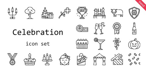 celebration icon set. line icon style. celebration related icons such as gift, christmas tree, tree, ox, flower, wedding arch, cocktail, candelabra, cake, candle, medal, baby, boxing, champagne