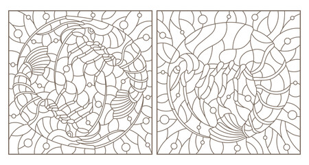 Set of contour illustrations in stained glass style with shrimps on a background of water and air bubbles, dark contours on a white background, square images