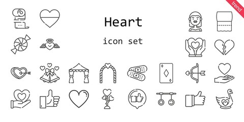 heart icon set. line icon style. heart related icons such as love, bride, band aid, like, candy, swan, broken heart, wedding bells, ace of diamonds, heart, cupid, rings, wedding arch, toilet paper,