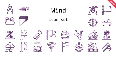 wind icon set. line icon style. wind related icons such as storm, flag, propeller, windmill, flags, saxophone, hurricane, cloud, flute, tea, tsunami, fan, compass, trumpet,