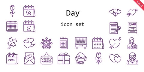 day icon set. line icon style. day related icons such as calendar, woman, just married, balloons, clover, heart, journalist, cupid, teacher, ferris wheel, beach, hearts, love letter, rose, present,