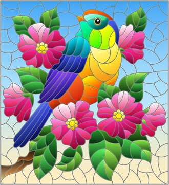 Illustration in the style of stained glass with a beautiful bright bird  on a  background of branch of tree with pink flowers and sky, rectangular image