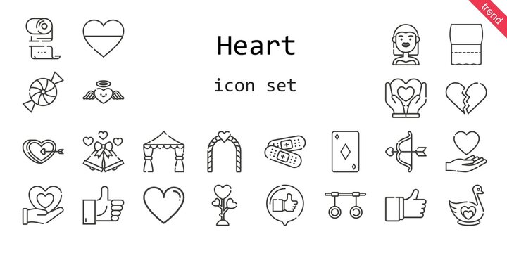 heart icon set. line icon style. heart related icons such as love, bride, band aid, like, candy, swan, broken heart, wedding bells, ace of diamonds, heart, cupid, rings, wedding arch, toilet paper,