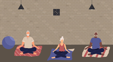 Group of elderly people sitting with legs crossed on floor and meditating. Old people in yoga posture doing meditation, mindfulness practice, spiritual discipline at home or gym.Raster illustration