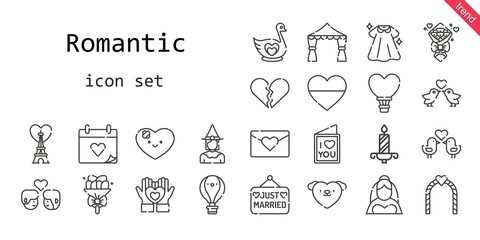 romantic icon set. line icon style. romantic related icons such as love, eiffel tower, bride, dress, couple, just married, swan, broken heart, wedding day, bouquet, heart, hot air balloon