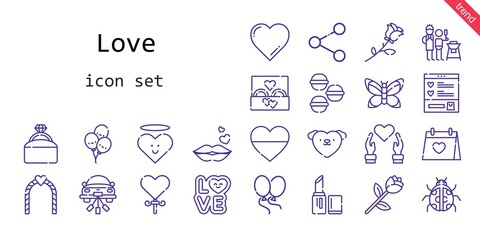 love icon set. line icon style. love related icons such as love, wedding ring, father and son, balloons, engagement ring, wishlist, wedding day, ladybug, lollipop, lipstick, macarons, kiss, heart