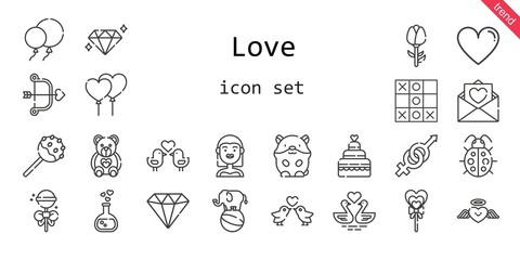 love icon set. line icon style. love related icons such as bride, gender, balloons, like, hamster, ladybug, lollipop, heart, swans, love potion, cake pop, cupid, diamond, wedding cake, love birds