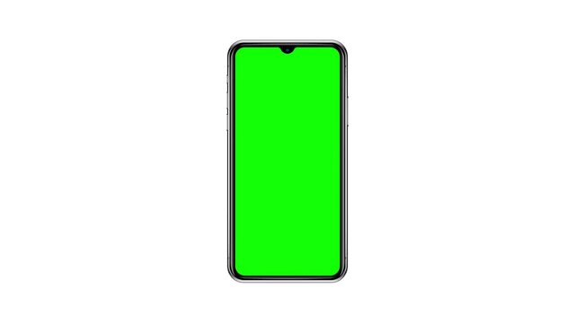 Smartphone phone with blank green screen. isolated white background. animation with forward motion. as presentation and other needs.