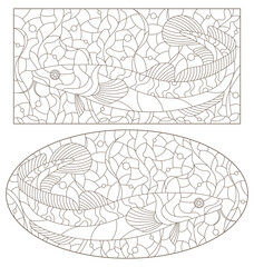 A set of contour illustrations in the stained glass style with burbot fish on a background of algae, dark contours on a white background