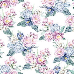 Seamless pattern with watercolor flowers navy blue and pink peonies, repeat floral texture, background hand drawing. Perfectly for wrapping paper, wallpaper, fabric, texture and other printing.