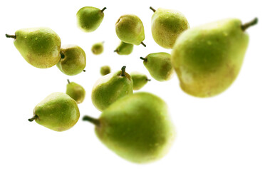 Green pears levitate on a white background