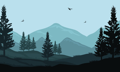 Wonderful nature scenery at sunrise on the edge of the city. Vector illustration