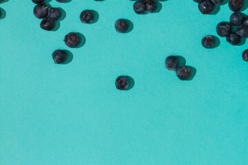 Frozen blueberries on a blue background. Copy space