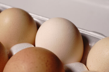 Chicken eggs in white special in-store packaging. Closeup.