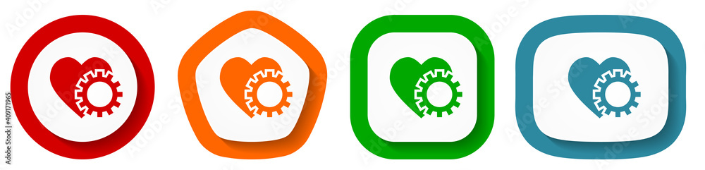 Poster Heart and cogwheel vector icon set, flat design buttons on white background for webdesign and mobile applications