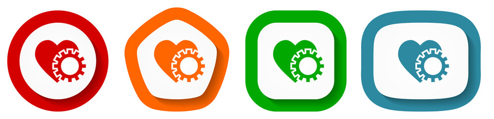 Heart and cogwheel vector icon set, flat design buttons on white background for webdesign and mobile applications
