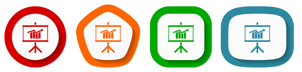 Presentation and training vector icons, set of pentagon, square, oval and circle shape buttons for webdesign and mobile applications