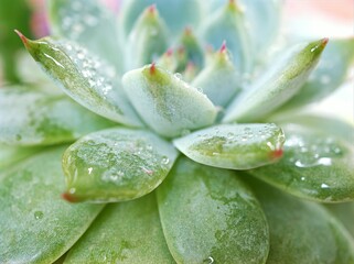 succulent plants Echeveria water drops ,Ghost-plant, cactus desert plants with blurred background ,macro image ,soft focus ,sweet color for card design