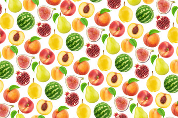 Multicolored endless pattern made with different fruits isolated on white background.