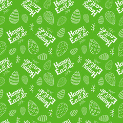 Easter pattern with lettering and decorated eggs in doodle style on green background. Scrapbook paper, wrapping paper, fabric, textile designs.