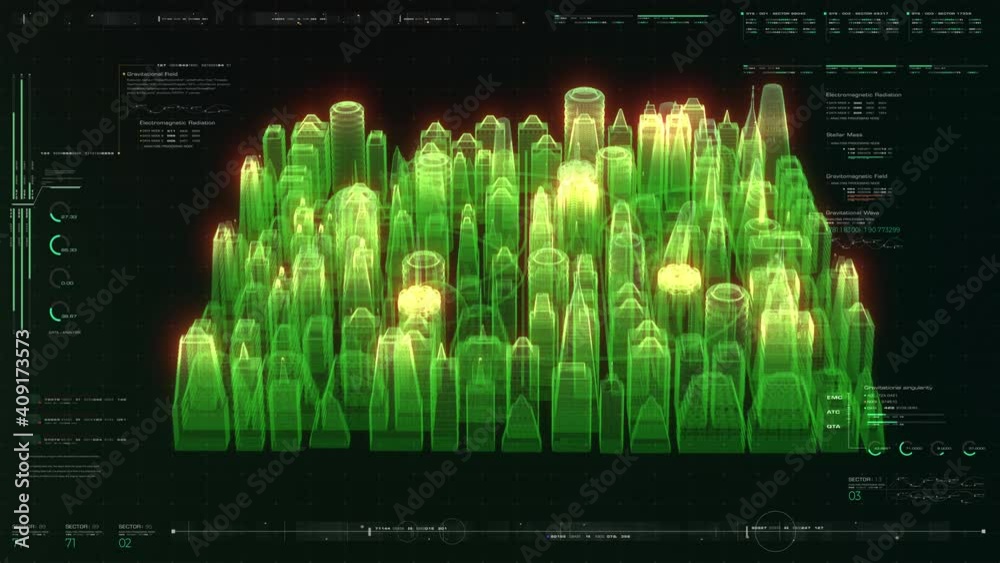 Aufkleber Futuristic digitally generated 3d holographic city in 360 degree rotation with hi-light scanning and 5G communication signals for head up display and user interface design