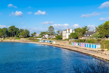 Ile-aux-Moines, France, bathing huts on the beach
