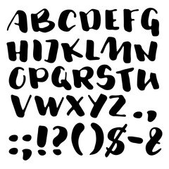 Bold brush pen script, capital English letters and punctuation signs. Informal uppercase font for cutting machine or lettering print. Handwritten sans serif type. Brushpen script on white background