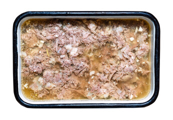 russian meat dish - jellied meat in enamel tray cut out on white background