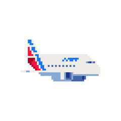 Airplane icon. Pixel art. Sticker design. Isolated vector illustration.