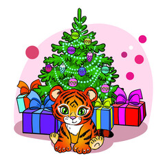 A little tiger cub near the Christmas tree and presents. New Year illustration for postcards