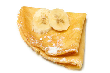 Crepe with sugar powder and banana slices isolated on white background