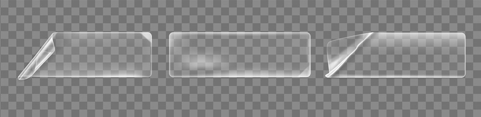 Transparent glued crumpled rectangle stickers with curled corners mock up set. Blank adhesive transparent paper or plastic sticker label with curled and wrinkled effect. 3d realistic vector icon