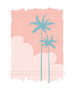 Abstract picture beautiful seascape with a palm trees.Typography for printing T-shirts, vector illustration.