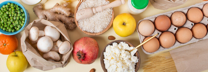 banner set of food items purchased with zero waste. banner