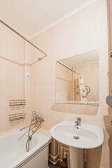 Russia, Moscow- April 22, 2020: interior room apartment modern bright cozy atmosphere. general cleaning, home decoration, preparation of house for sale. modern bathroom, sink, decor elements, toilet