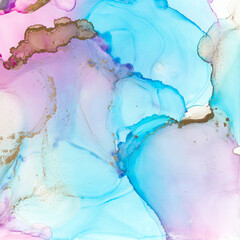 Fluid art square fragment. Alcohol ink painting. Pink, blue and gold marble texture. Modern trendy artwork