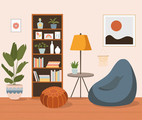 Comfortable chair, bookcase and house plants. Living room. Vector flat  cartoon illustration.