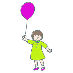 ピンク色の風船を持っているおかっぱ髪の女の子のイラスト
