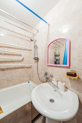 Russia, Moscow- April 22, 2020: interior room apartment modern bright cozy atmosphere. general cleaning, home decoration, preparation of house for sale. modern bathroom, sink, decor elements, toilet