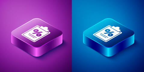 Isometric Finance document icon isolated on blue and purple background. Paper bank document for invoice or bill concept. Square button. Vector Illustration.