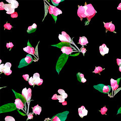 Apple tree delicate fragile seamless pattern: green leaves, white and pink flowers, buds and branches on black background.