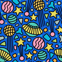 Vector seamless pattern with galactic spaceships Futuristic design with ufo, planets, asteroids, stars and comets