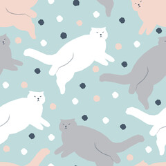 Vector seamless pattern with fat lazy lying cats Kids flat design