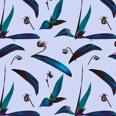 Vector blue leaves and berries seamless pattern.