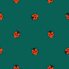 Collection of beetles. Vector seamless pattern with bright and funny insects. Colored geometric ladybugs.