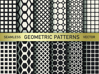 Set of vector geometric decorative patterns. Collection black and white abstract geometrical backgrounds for design, fabric, textile, wrapping etc. 