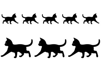 Borders in the form of figures of funny kittens walking one after another. Black silhouettes of cats isolated on a white background. Halloween symbols. Vector illustration. 